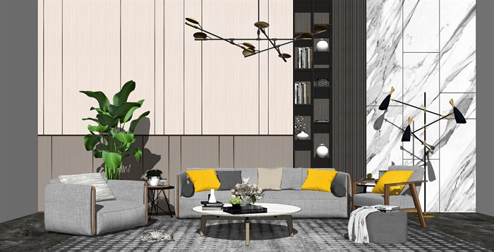 现代沙发茶几组合客厅背景墙装饰摆件休闲椅组合SU模型(1)