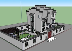 中式住宅详细的别墅居住楼SU(草图大师)模型含庭院