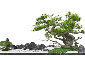新中式庭院景观 景观小品 景观树 石头造景SU(草图大师)模型1
