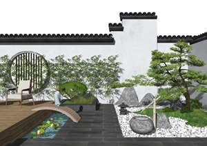 新中式庭院景观小品 石头假山 枯山水景观 景墙 休闲椅SU(草图大师)模型