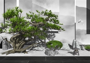 新中式庭院景观景观小品 景观树 石头纱帘SU(草图大师)模型1