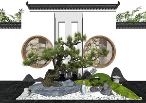 新中式庭院景观 景观小品 背景墙 枯枝 盆栽 枯山石 石头造景SU(草图大师)模型1