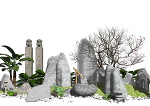新中式假山石头 叠石景观小品 庭院景观 绿植 枯枝 鹅卵石SU(草图大师)模型