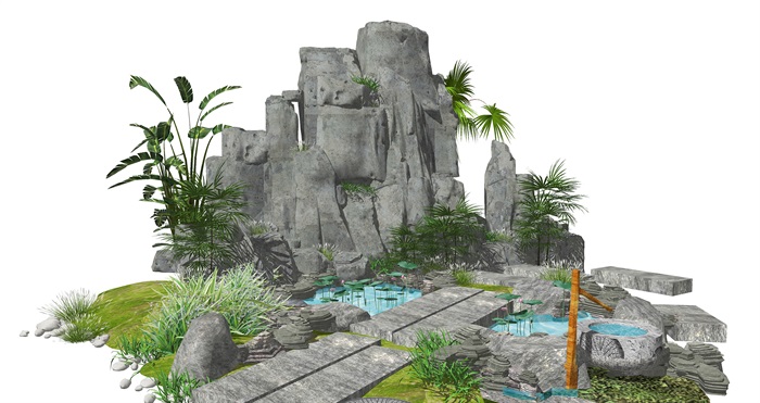 新中式假山叠石 跌水景观 景观小品 庭院景观 水景 SU模型(1)