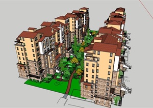 小区完整的住宅楼建筑及景观设计SU(草图大师)模型