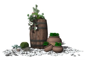 现代盆栽 景观小品 多肉 仙人球 陶罐 木桶SU(草图大师)模型