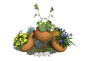 现代盆栽 景观小品 陶罐 植物 多肉 石头SU(草图大师)模型