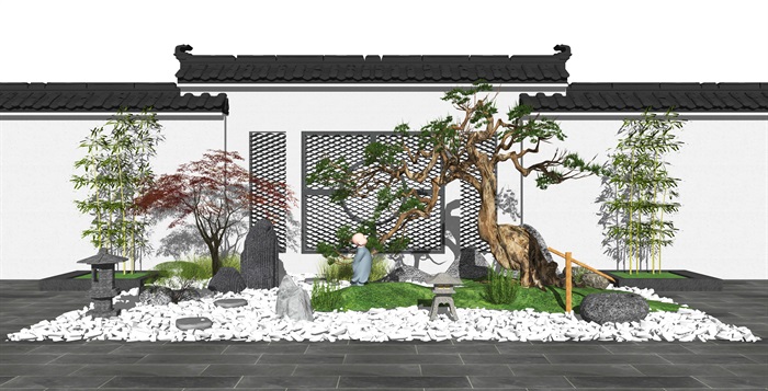 新中式庭院景观小品 庭院景观 景观树石头假山 假山石头 景观墙su模型(1)