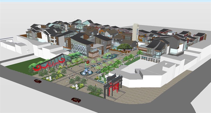 中式洛带客家文化与茶文化商业街建筑设计方案SU模型(3)