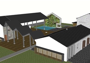 2个旧民居改造中式生态餐馆建筑设计方案SU(草图大师)模型