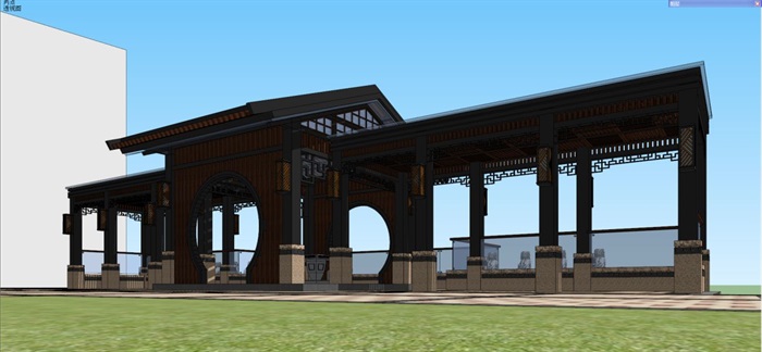 新中式廊架广场建筑设计方案SU模型(7)