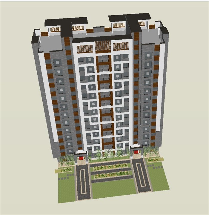新中式小高层住宅单体建筑设计方案SU模型(6)