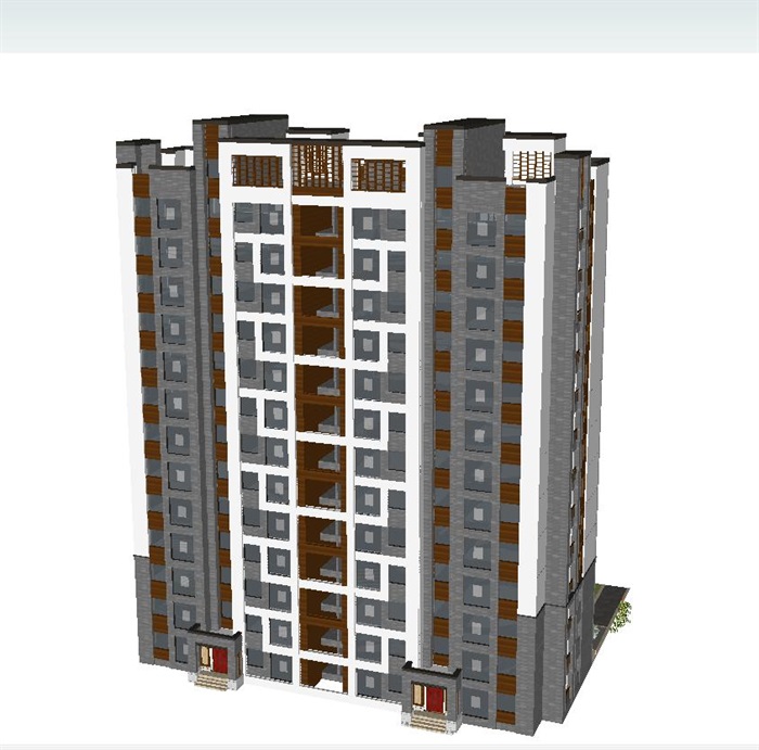 新中式小高层住宅单体建筑设计方案SU模型(5)