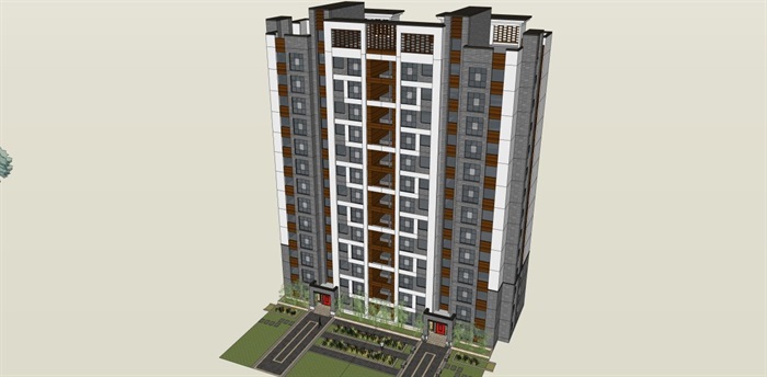 新中式小高层住宅单体建筑设计方案SU模型(8)