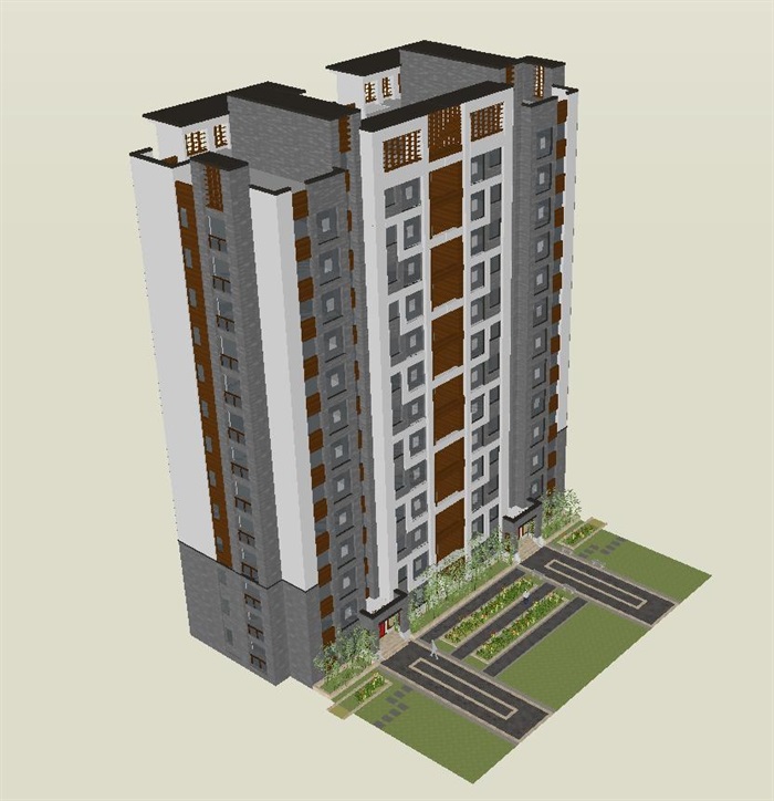 新中式小高层住宅单体建筑设计方案SU模型(7)