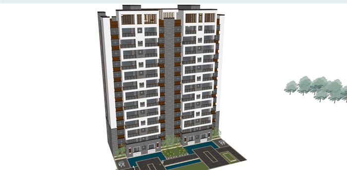 新中式小高层住宅单体建筑设计方案SU模型(9)
