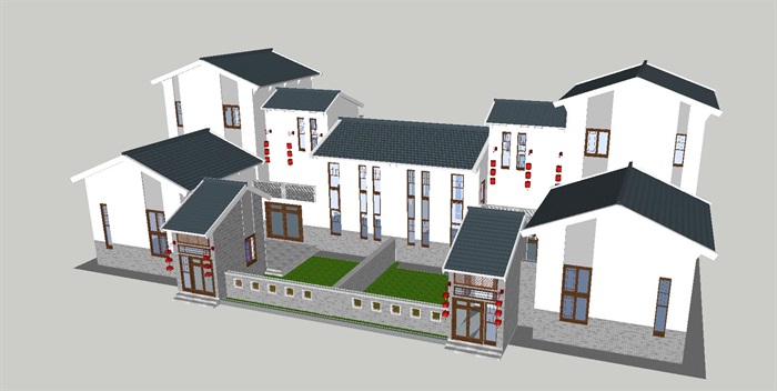 3个新中式别墅户型建筑设计方案SU模型(4)