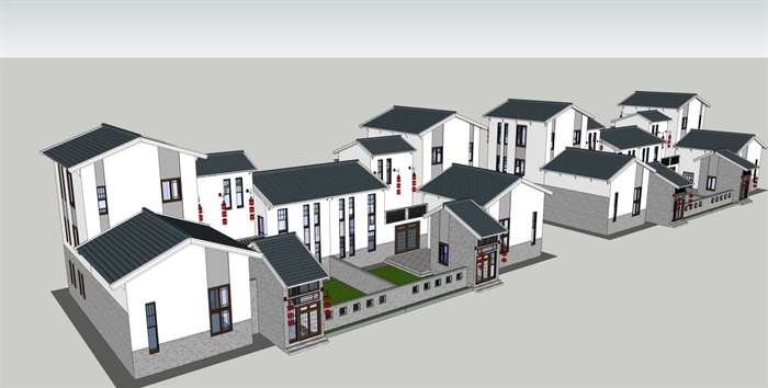3个新中式别墅户型建筑设计方案SU模型(10)