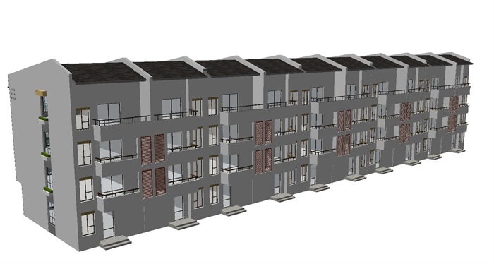 中式联排别墅建筑设计方案SU模型(3)
