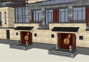 中式联排别墅建筑设计方案SU(草图大师)模型
