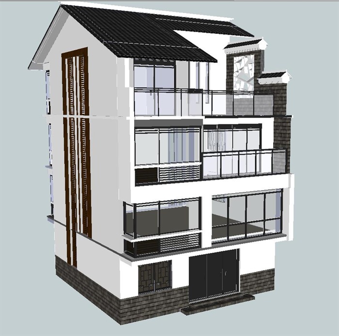 中式自建小别墅住宅建筑设计方案SU模型(1)
