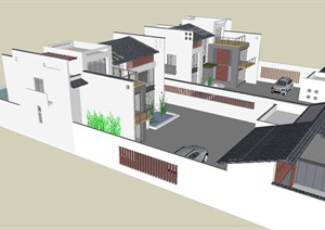 新中式双拼别墅建筑设计方案SU(草图大师)模型