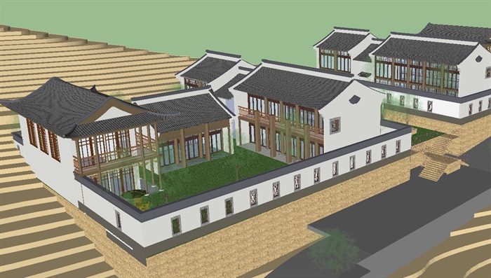 古典中式别墅建筑设计方案SU模型(4)