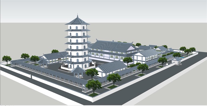 新中式佛寺建筑设计方案SU模型(1)