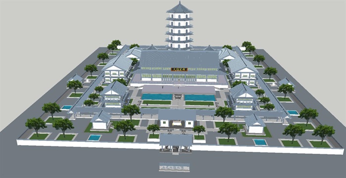 新中式佛寺建筑设计方案SU模型(2)