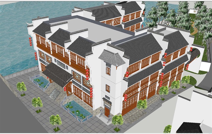 中式徽派酒店与住宅建筑设计方案SU模型(1)