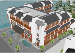 中式徽派酒店与住宅建筑设计方案SU(草图大师)模型