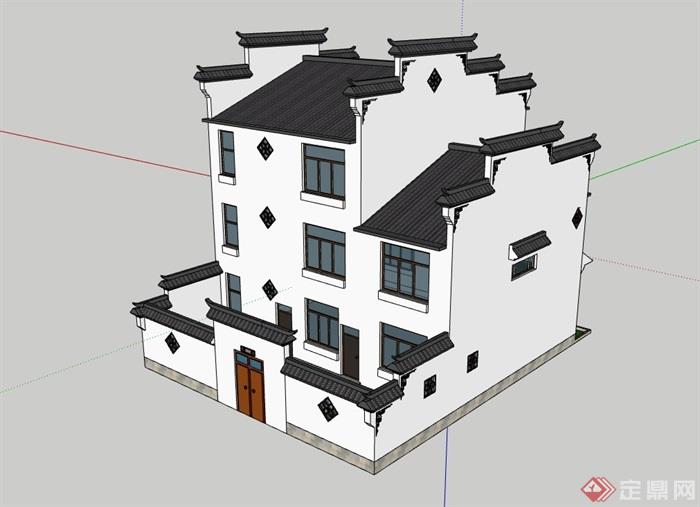 中式居住详细建筑楼素材su模型