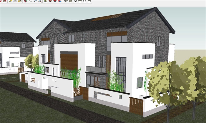 新中式类独栋别墅建筑设计方案SU模型(1)