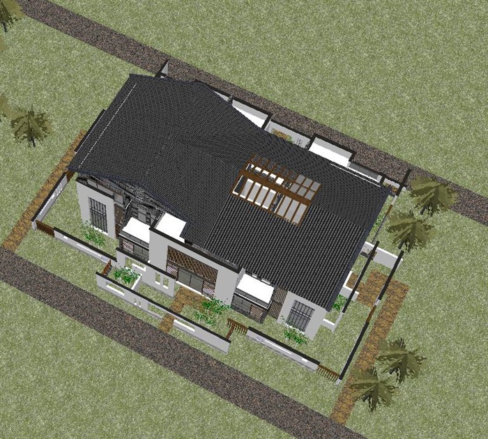 新中式类独栋别墅建筑设计方案SU模型(3)