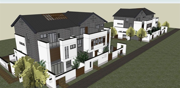 新中式类独栋别墅建筑设计方案SU模型(5)