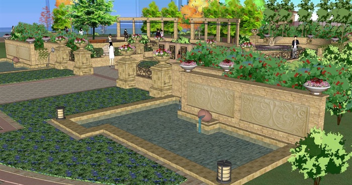 欧式住宅庭院花园建筑设计方案SU模型(7)