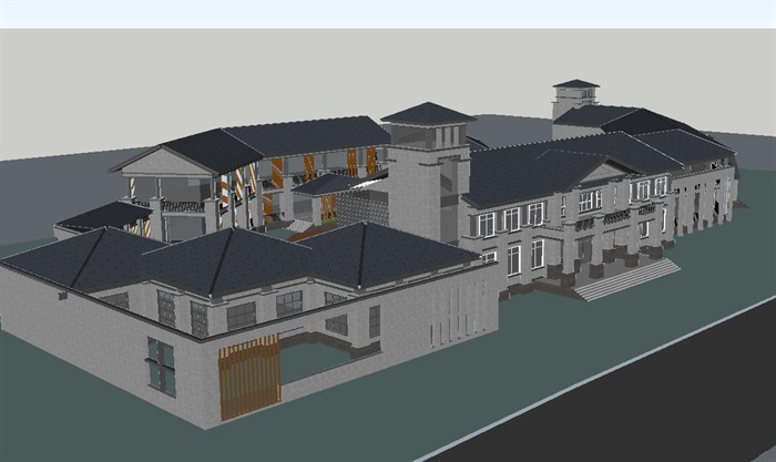中式青砖会所建筑设计方案SU模型(5)