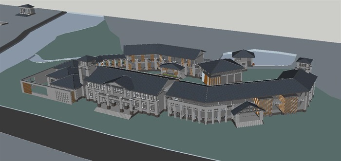 中式青砖会所建筑设计方案SU模型(6)