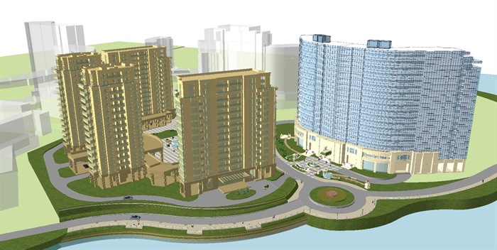 现代风格酒店与住宅小区建筑设计方案SU模型(1)