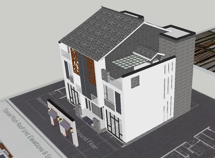 中式双拼别墅建筑设计方案SU模型(3)