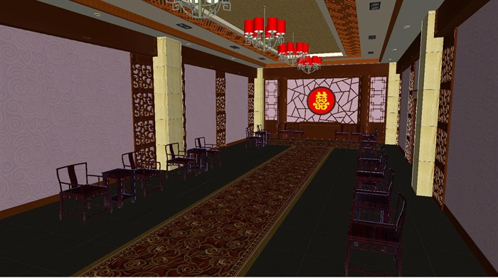 中式婚礼礼堂室内设计方案SU模型(1)
