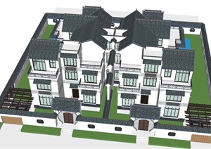 中式大双拼别墅建筑设计方案SU(草图大师)模型