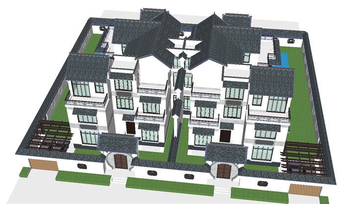 中式大双拼别墅建筑设计方案SU模型(1)