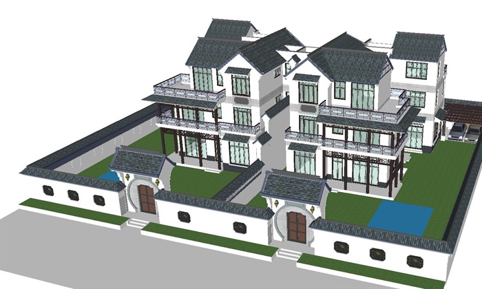 中式大双拼别墅建筑设计方案SU模型(2)