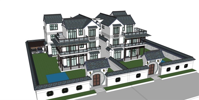 中式大双拼别墅建筑设计方案SU模型(6)