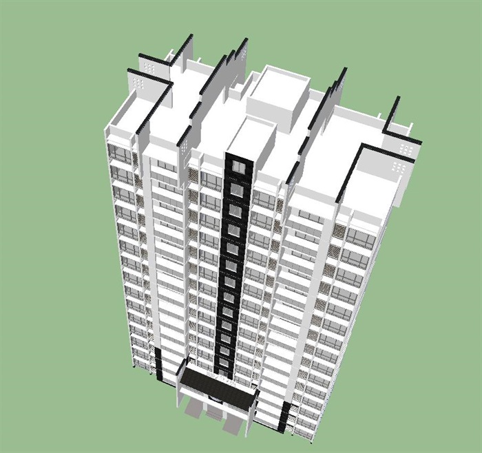新中式15层高层住宅单体建筑设计方案SU模型(2)