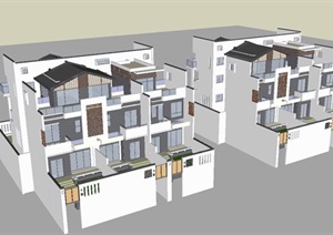 新中式小联排别墅建筑设计方案SU(草图大师)模型