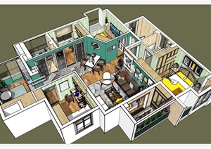 详细的住宅室内空间装饰SU(草图大师)模型