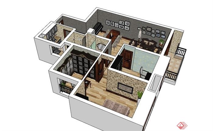 欧式风格详细的住宅室内空间su模型