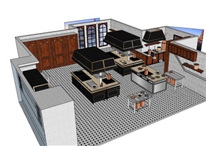 现代详细的厨房空间SU(草图大师)模型